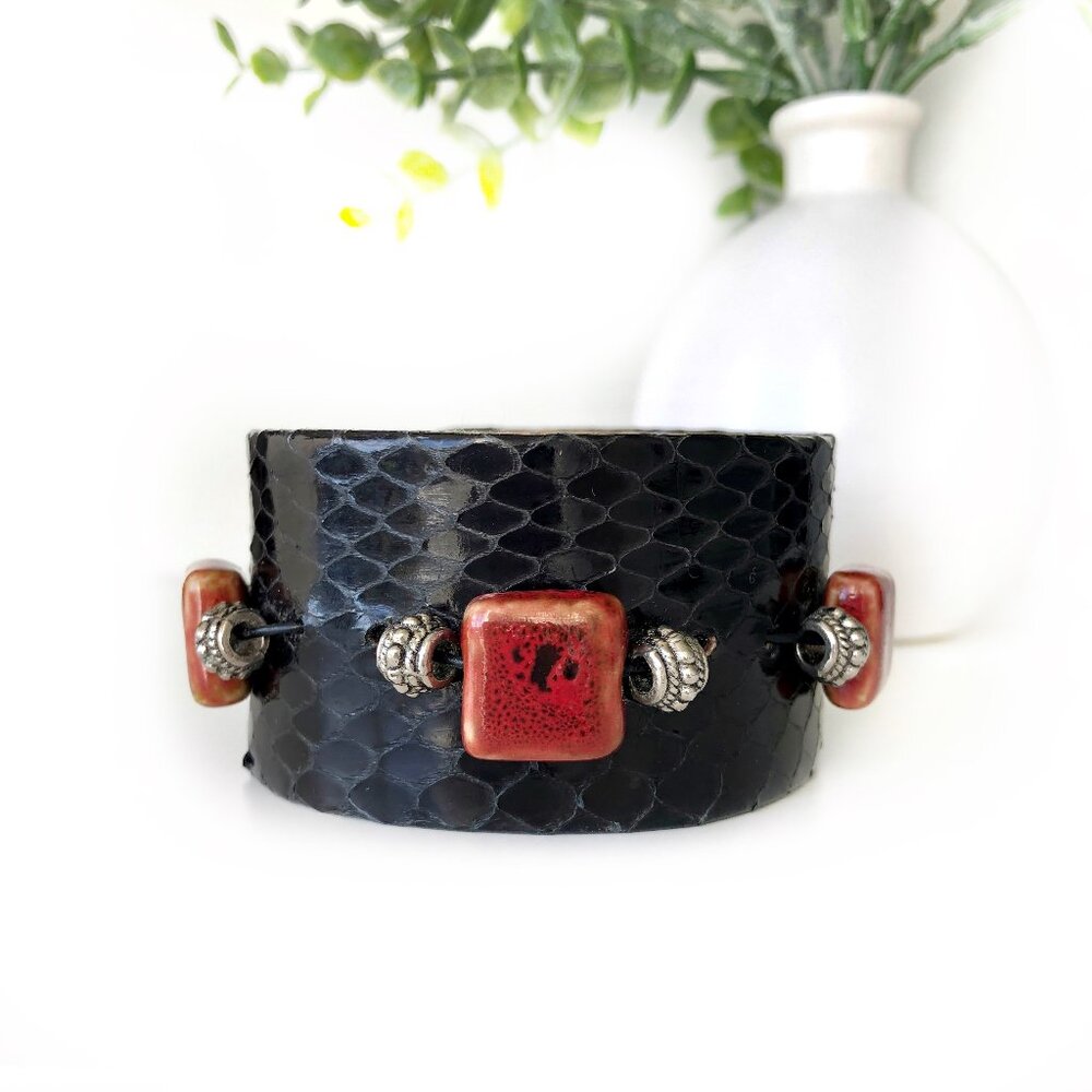 MishaGirl Handmade Black Snakeskin Cuff Bracelet with Red Beads
